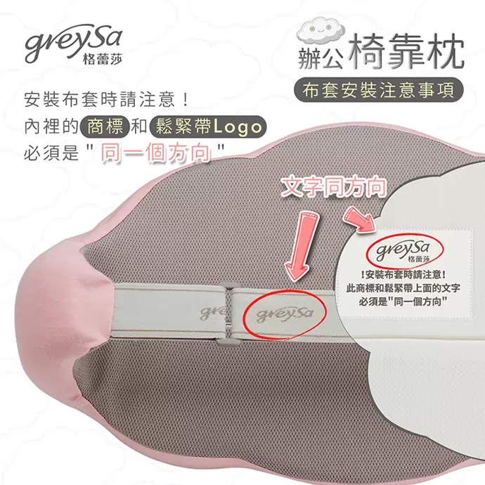 GreySa格蕾莎辦公椅靠枕布套安裝注意事項:內裡的商標和鬆緊帶LOGO必須是同一個方向