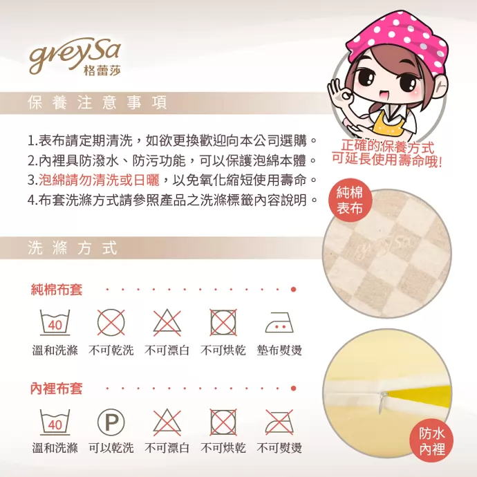 保養注意事項 1.表布請定期清洗 2.內裡具防潑水防污功能 3.泡綿請勿清洗或日曬 4.布套洗滌方式請參照標籤說明